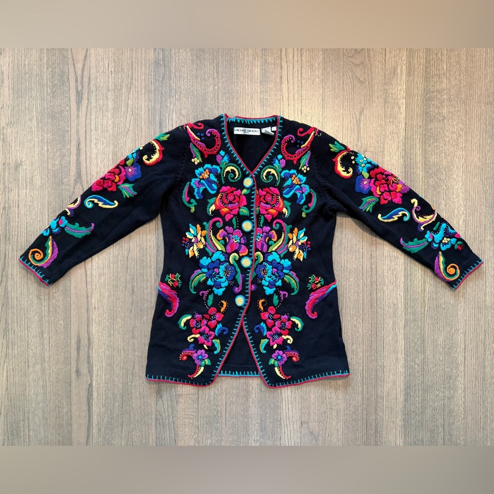 Vintage Michael Simon Beaded Embroidered Sweater Cardigan-Size 1